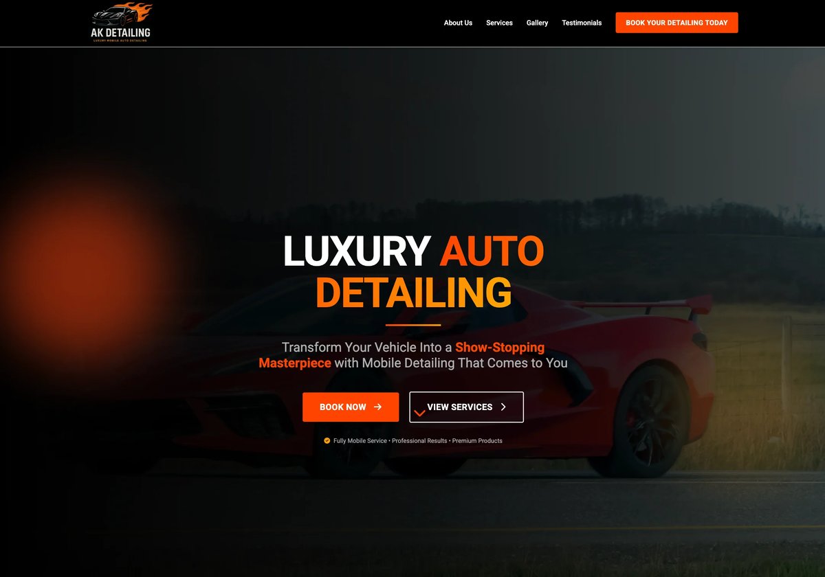 Luxury auto detailing website homepage showing a red car with text promoting mobile detailing services and booking options