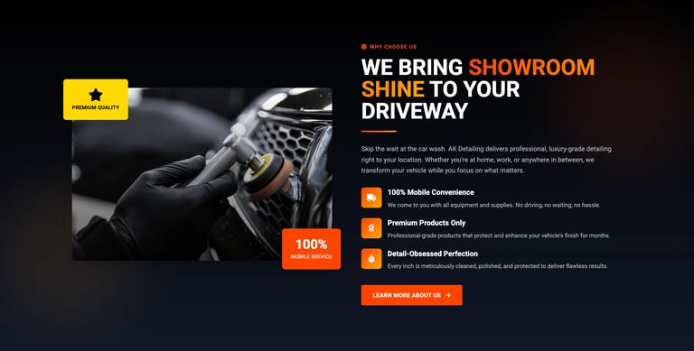 Professional car detailing showroom service advertisement featuring hand polishing a vehicle with text highlighting quality and perfection benefits