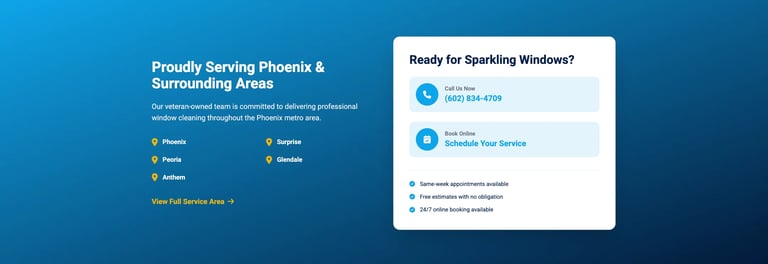 Blue service banner for Phoenix window and door company with contact options and service areas listed