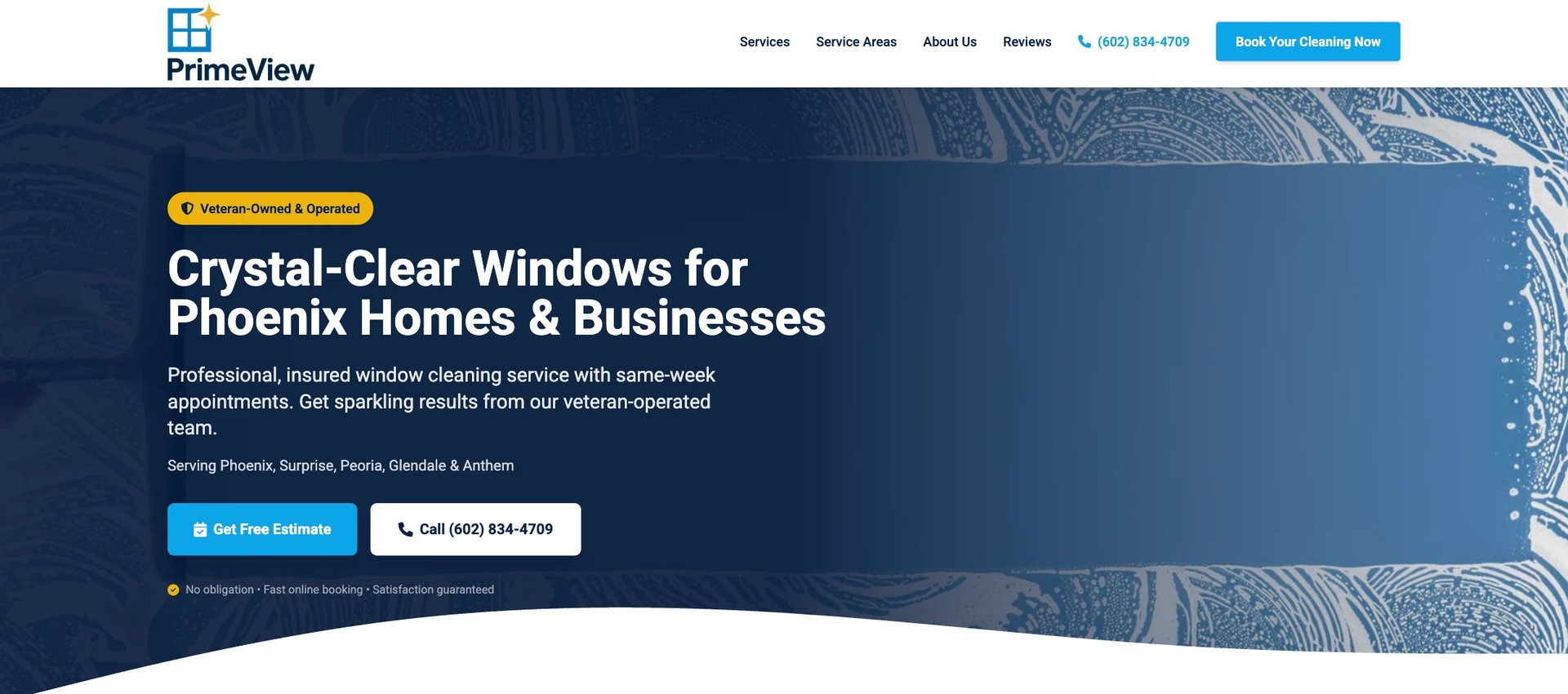 PrimeView website hero section showcasing crystal-clear window cleaning services for Phoenix homes and businesses