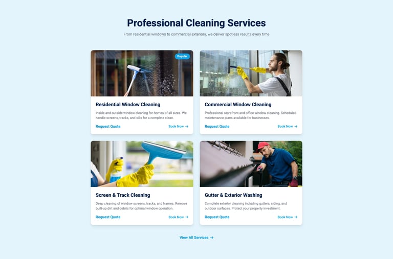 Professional Cleaning Services website showing four service options: Residential Window Cleaning, Commercial Window Cleaning, Screen & Track Cleaning, and Gutter & Exterior Washing