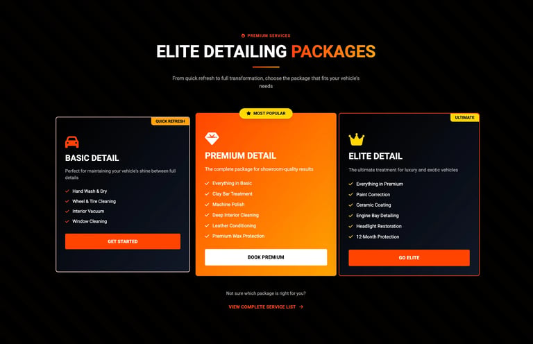 Three car detailing service packages displayed with pricing: Basic Detail, Premium Detail, and Elite Detail options with features listed