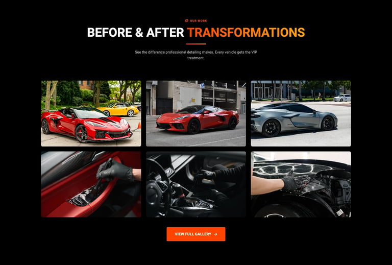 Before and after car transformation gallery showing exterior and interior details of red sports car modifications with view gallery button